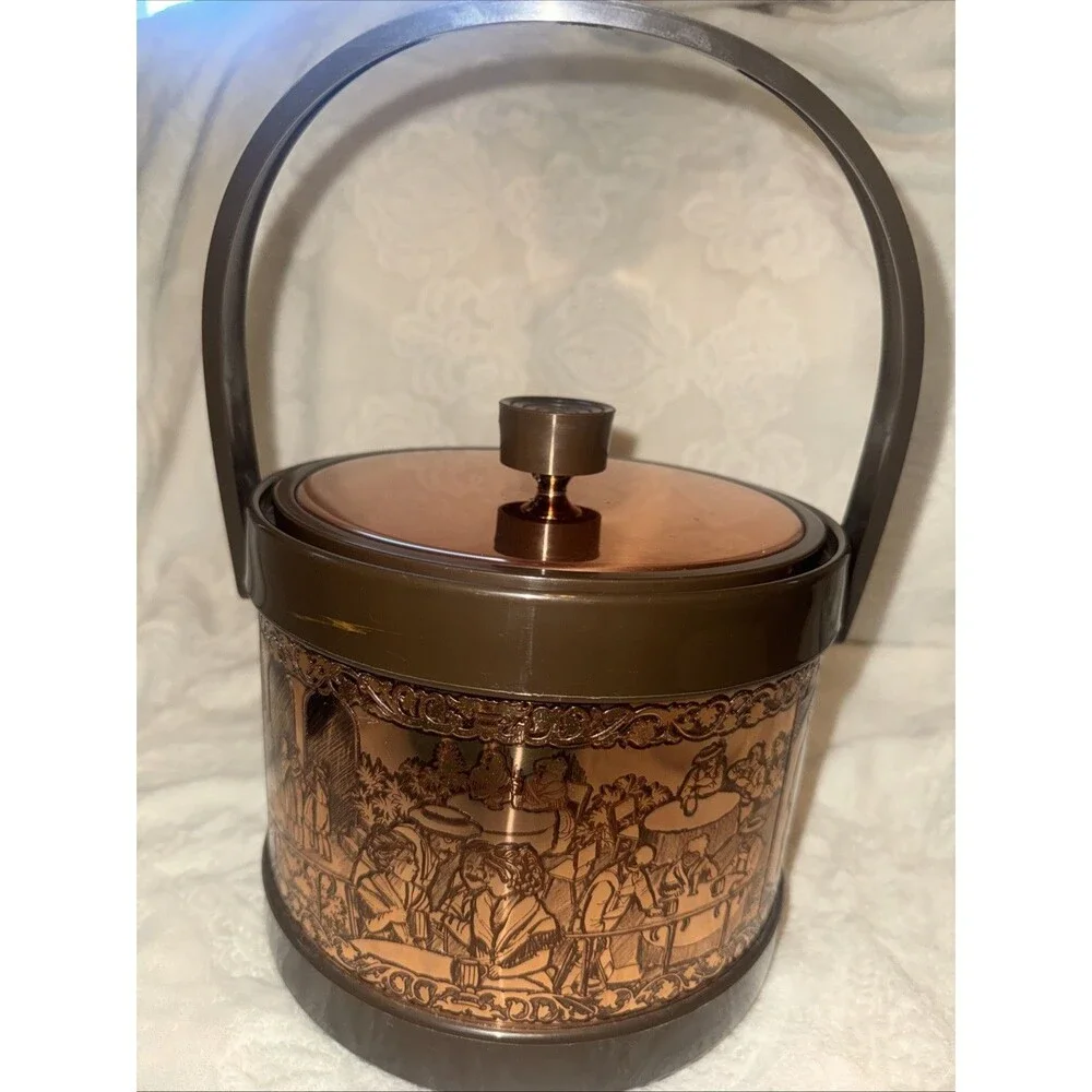 Vtg ATAPCO COPPER Brown ICE BUCKET With Lid German Scene 8” *flaw On Lid